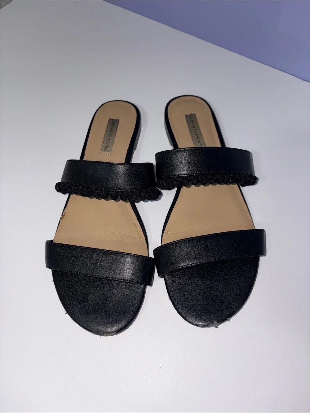 Saks Fifth Avenue Black Slide Sandals with Pom Trim - Women